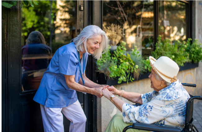 Family touring assisted living facility in Rockford, IL meeting with staff